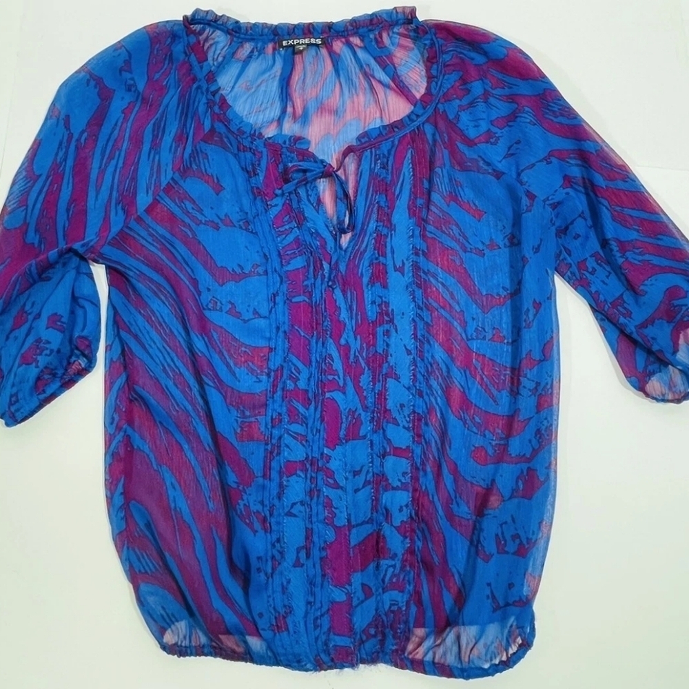 Express Blue & Magenta Sheer Abstract Peasant Blouse Size M – Boho Chic Flow Top - Picture 9 of 9